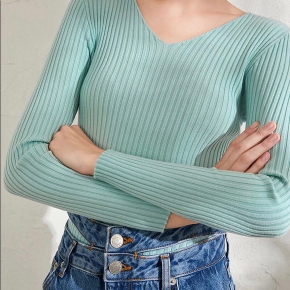 Thin sweater knit ribbed shirt v-neck khaki brown long sleeve basic top - Picture 5 of 6
